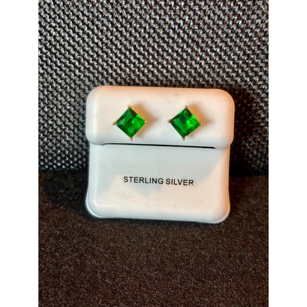 Sterling Silver Green Emerald Princess Cut Stud Earrings Gold Tone 8mm